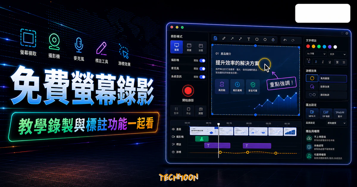 Screenity - 強大且免費的開源教學影片錄製工具，能錄製螢幕畫面與輸入文字動畫的 Chrome 擴充功能的 TechMoon 精選圖片，呈現Screenity相關介面、重點標題與科技感背景。