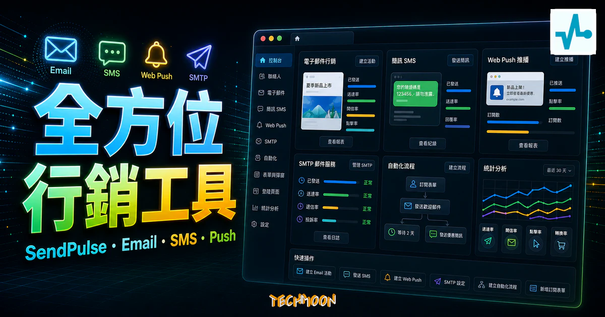 SendPulse 全方位數位行銷工具的 TechMoon 精選圖片，呈現 Email、SMS、Web Push 與 SMTP 行銷儀表板。
