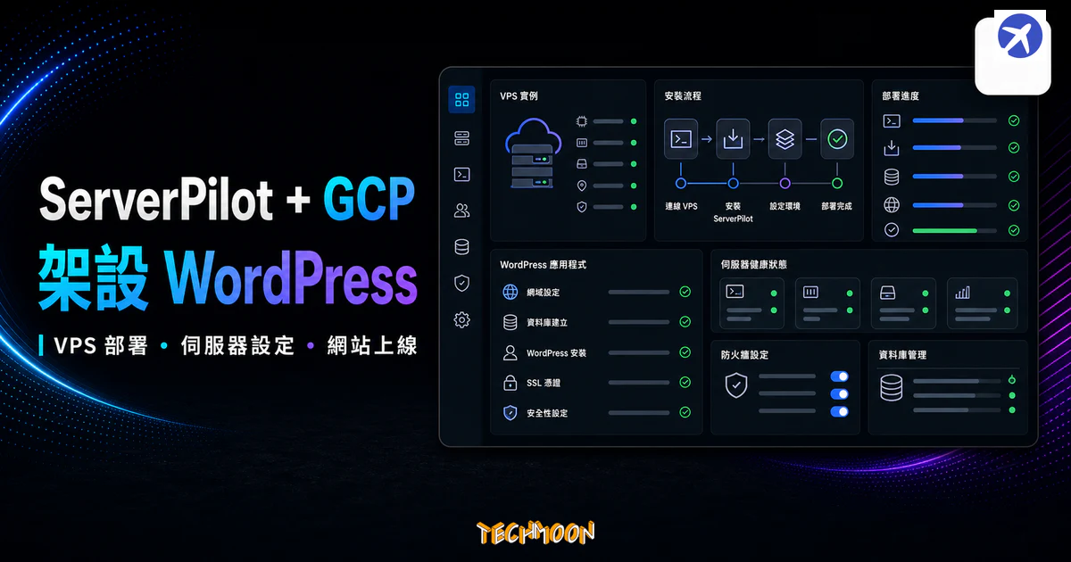 ServerPilot + GCP VPS 架設 WordPress 的 TechMoon 精選圖片，呈現 VPS 部署、伺服器設定與網站上線流程。