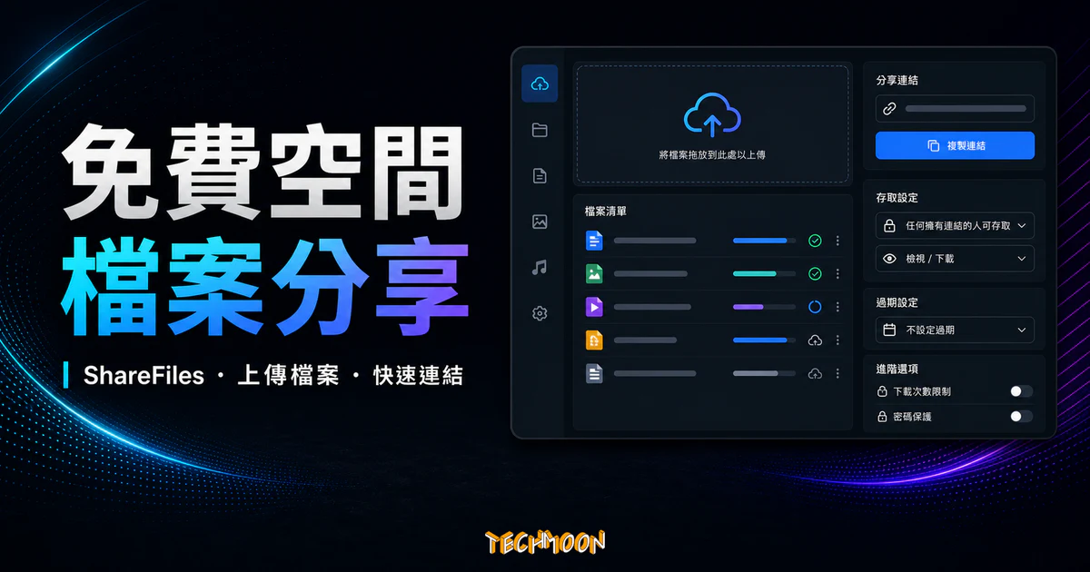 ShareFiles 免費空間檔案分享的 TechMoon 精選圖片，呈現檔案上傳、清單管理與快速連結分享介面。
