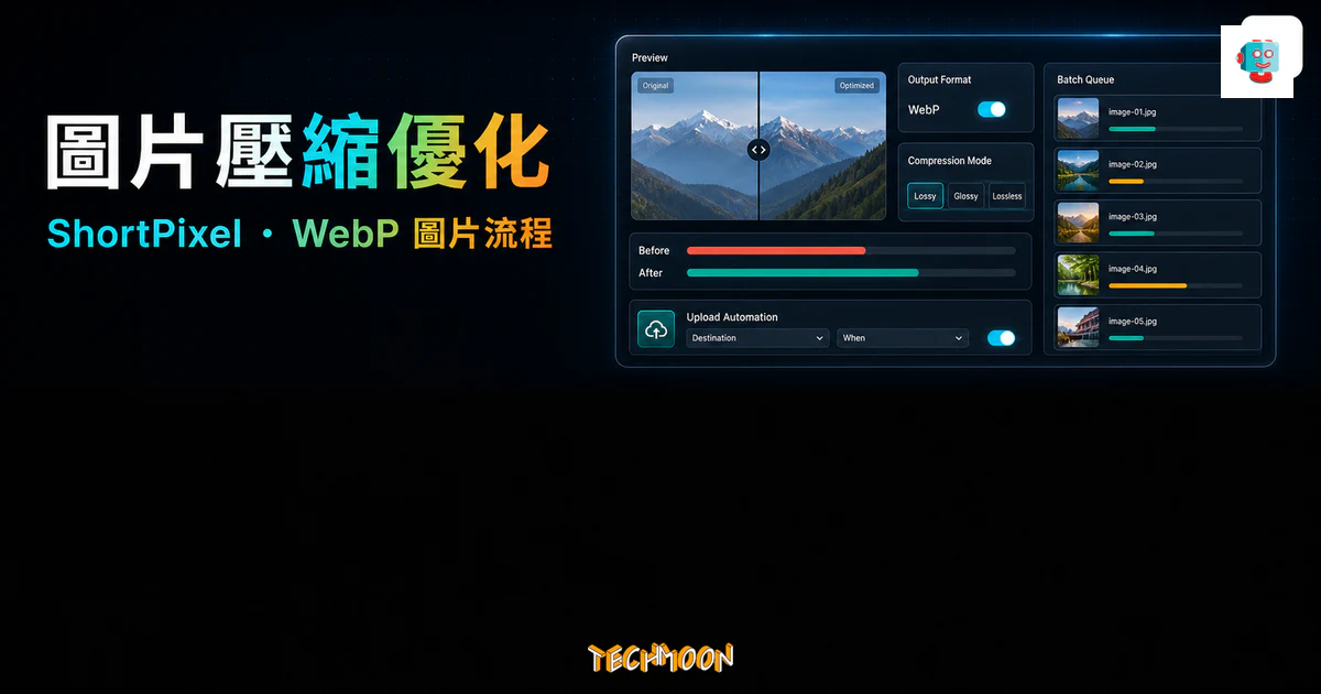 ShortPixel 圖片壓縮優化的 TechMoon 精選圖片，呈現圖片縮圖、WebP 轉換、壓縮模式、批次佇列與上傳自動化流程。