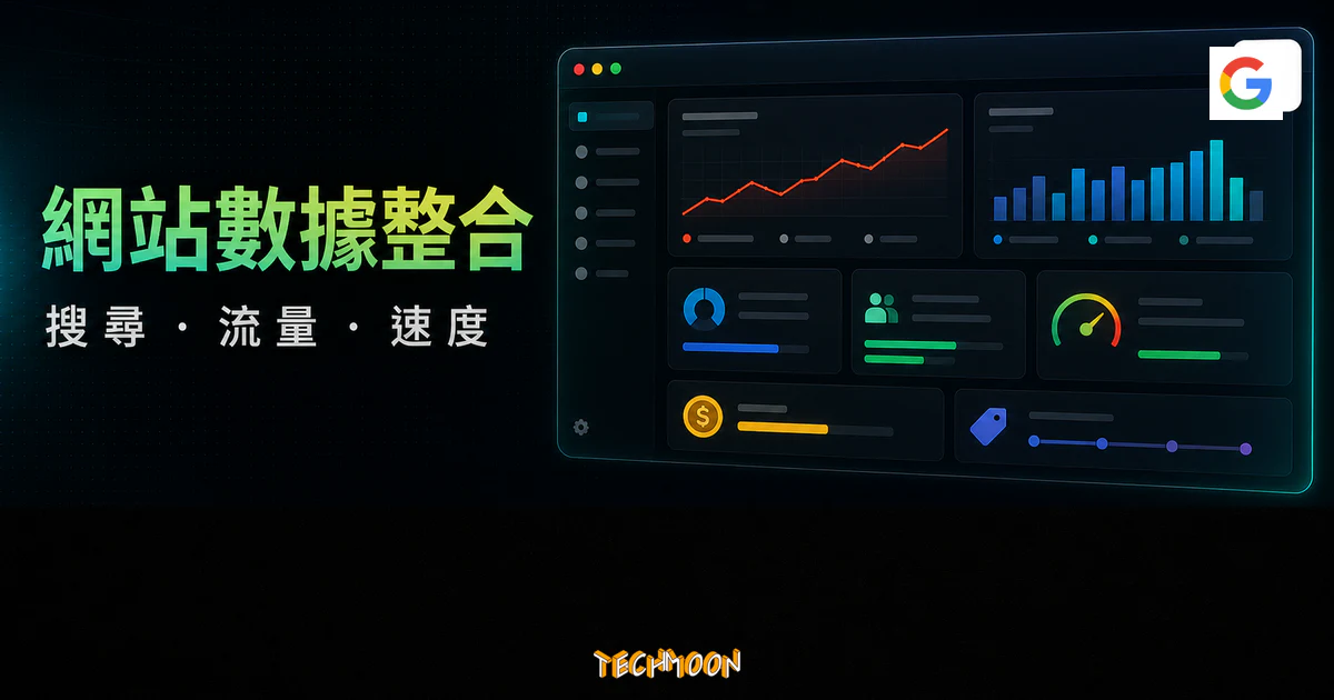 Site Kit by Google WordPress 外掛的 TechMoon 精選圖片，呈現搜尋成效、流量概覽、速度狀態、收益占位與標籤串接資料面板。