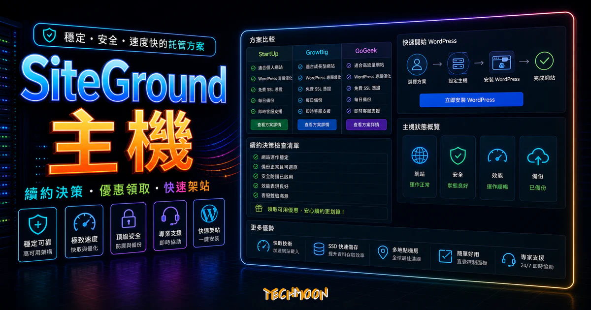 SiteGround 主機評價 - 首購優惠折扣與續約方案完整註冊教學，一鍵快速建立 WordPress 網站的 TechMoon 精選圖片，呈現SiteGround 主機主題、相關介面與科技感背景。