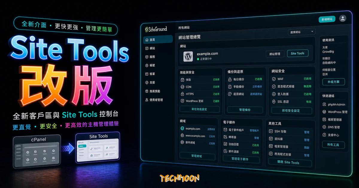 SiteGround 替換 cPanel 大改版 - 全新的客戶區塊與自主開發 Site Tools 控制面板的 TechMoon 精選圖片，呈現Site Tools 改版主題、相關介面與科技感背景。