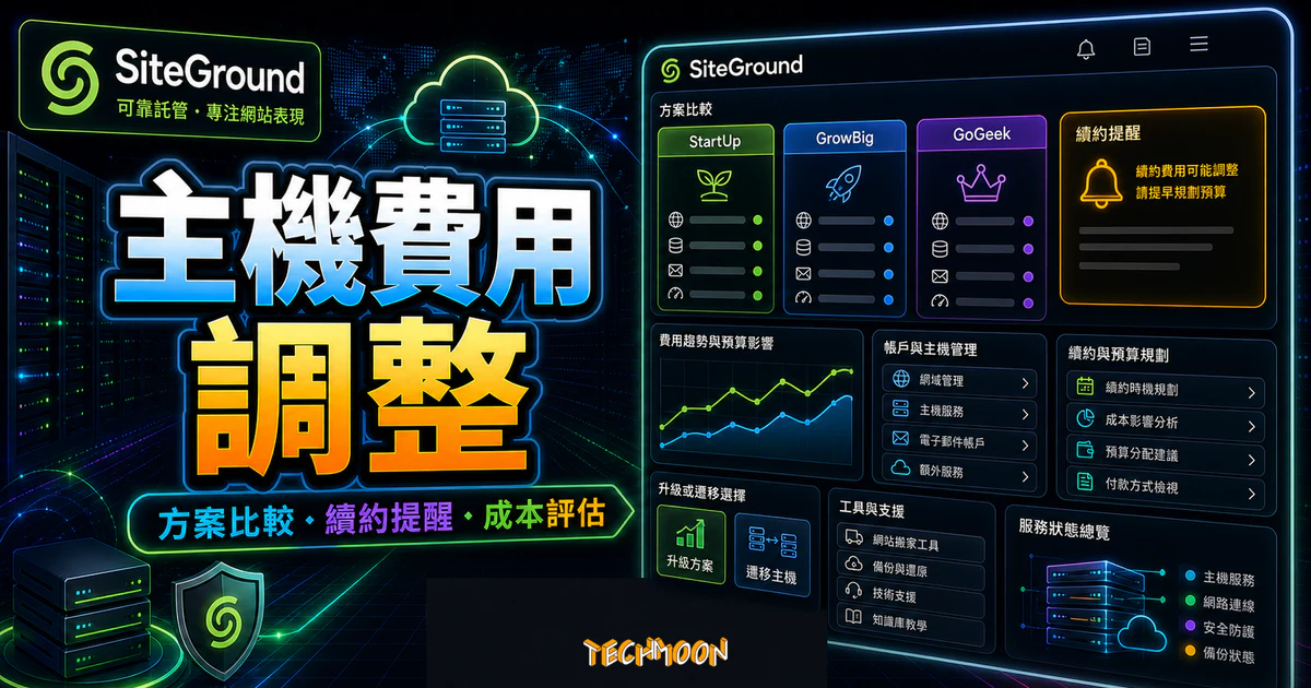 SiteGround 的 TechMoon 精選圖片，呈現主機方案比較、續約提醒、成本評估與主機管理流程。