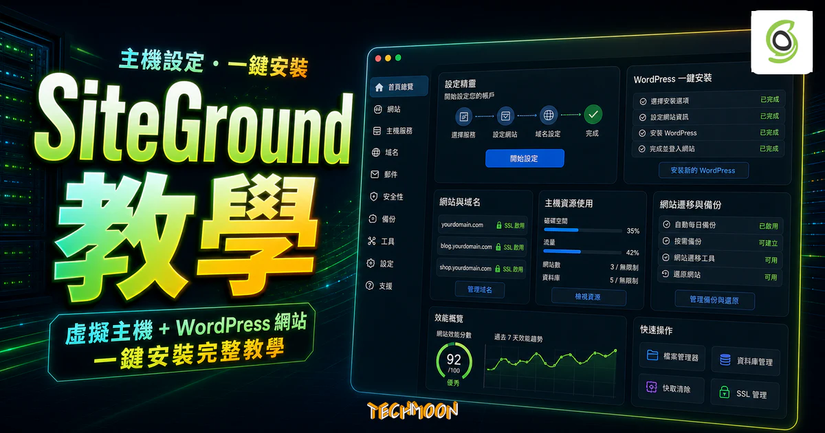 SiteGround 主機教學的 TechMoon 精選圖片,呈現主機設定、一鍵安裝與 WordPress 架站控制台情境。