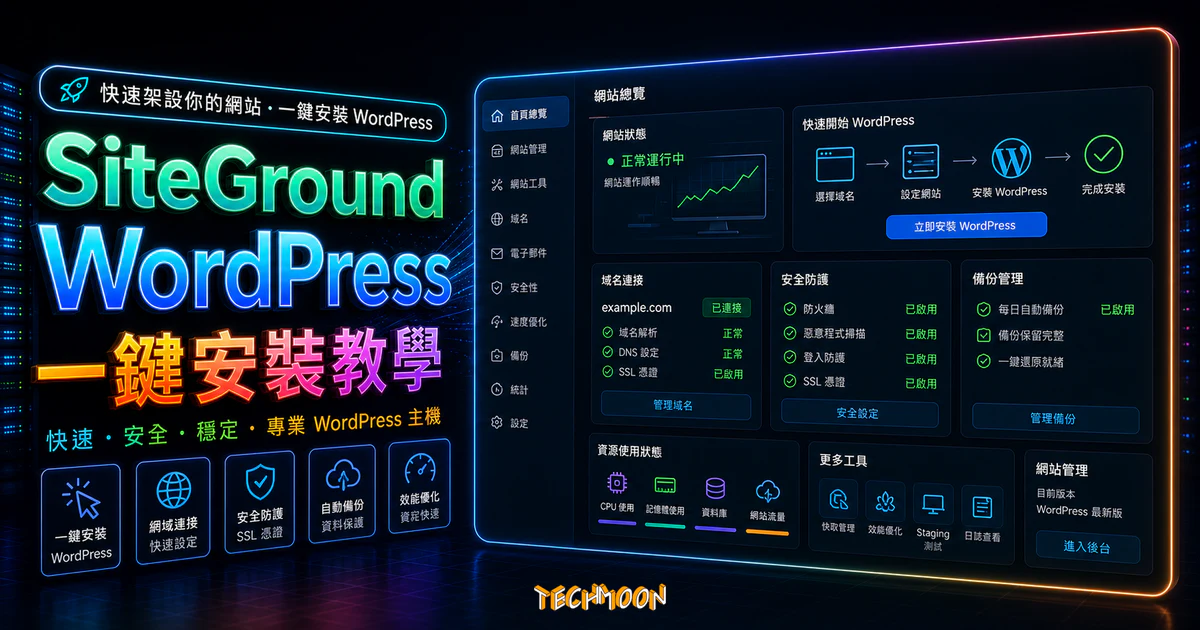 SiteGround 主機教學 - 虛擬主機 + WordPress 網站一鍵安裝完整教學的 TechMoon 精選圖片，呈現SiteGround WordPress主題、相關介面與科技感背景。