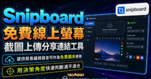 Snipboard 免費線上螢幕截圖上傳分享連結工具，提供簡易編輯器並可作為免費圖床使用的 TechMoon 精選圖片，呈現Snipboard相關介面、重點標題與科技感背景。