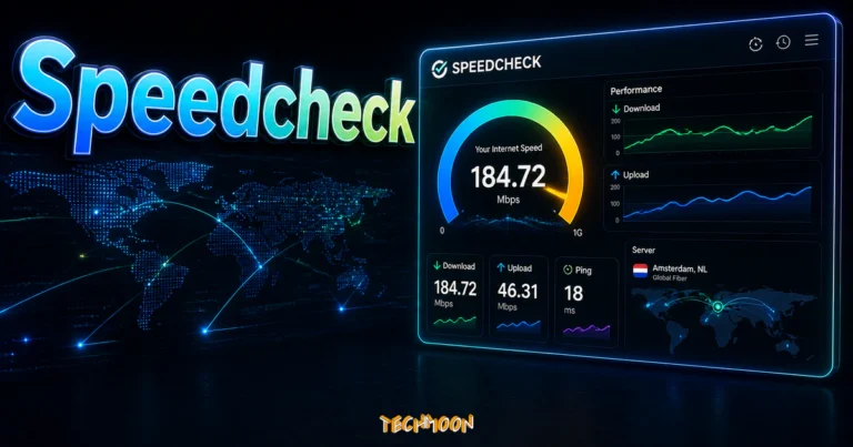 Speedcheck - 免費線上測速工具，快速測量網路上傳/下載速度與延遲的真實數據的 TechMoon 精選圖片，呈現Speedcheck Org相關介面、重點標題與科技感背景。