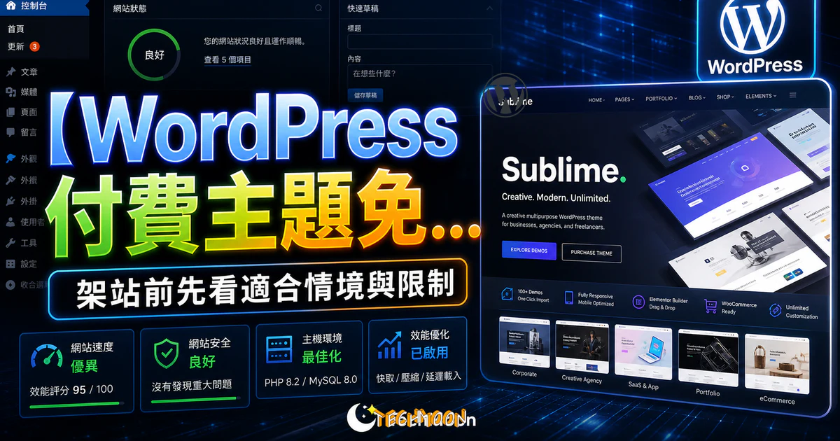 【WordPress 付費主題免費下載】Sublime | Creative Multipurpose WordPress Theme的 TechMoon 精選圖片，呈現Wordpress相關介面、重點標題與科技感背景。