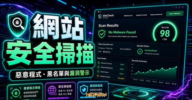 Sucuri SiteCheck 掃描:看懂遠端檢測限制 6 Sucuri SiteCheck - 免費線上網站安全檢查工具,掃描網站安全性漏洞與惡意軟體感染的 TechMoon 精選圖片,呈現網站安全掃描、主題介面與重點資訊。