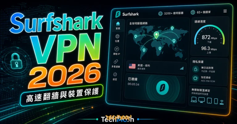 Surfshark VPN - 超過 65+ 個國家與 3200+ 個伺服器，支援無限制裝置綁定及高速網路的首選 VPN 翻牆工具的 TechMoon 精選圖片，呈現Surfshark VPN相關介面、重點標題與科技感背景。