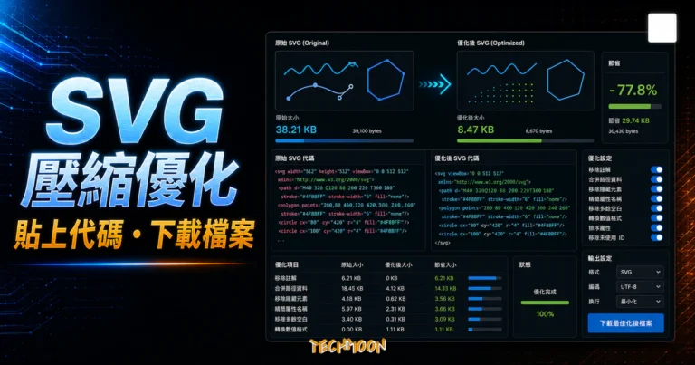 SVGOMG - 將 SVG HTML Code 轉成 SVG 圖片檔案並下載，壓縮優化 SVG 檔案大小與轉換下載 SVG 檔案的 TechMoon 精選圖片，呈現SVGOMG相關介面、重點標題與科技感背景。