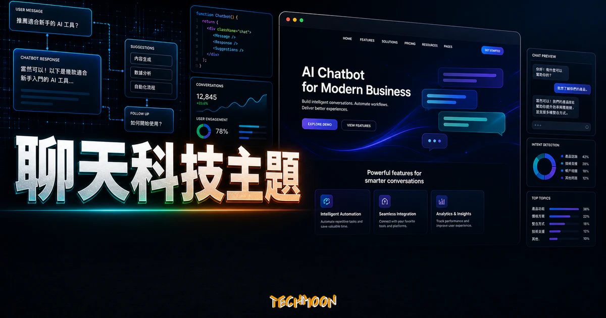 【WordPress 付費主題免費下載】Talkie - Chatbot and Tech Startup WordPress Theme的 TechMoon 精選圖片，呈現Wordpress相關介面、重點標題與科技感背景。