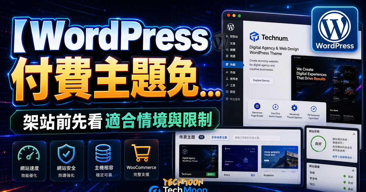 【WordPress 付費主題免費下載】Technum | Digital Agency & Web Design WordPress Theme的 TechMoon 精選圖片,呈現Wordpress相關介面、重點標題與科技感背景。