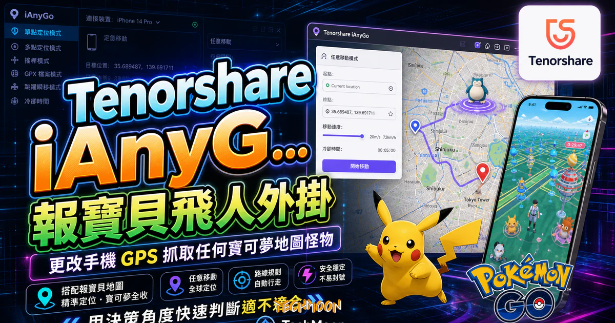 Tenorshare iAnyGo + 報寶貝 2023 最佳推薦 Pokemon go 飛人外掛，更改手機 GPS 抓取任何寶可夢地圖怪物的 TechMoon 精選圖片，呈現Tenorshare相關介面、重點標題與科技感背景。