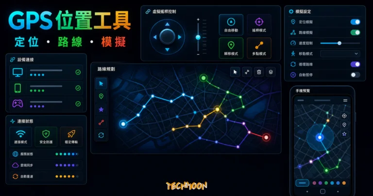 Tenorshare iAnyGo + 報寶貝 2023 最佳推薦 Pokemon go 飛人外掛，更改手機 GPS 抓取任何寶可夢地圖怪物的 TechMoon 精選圖片，呈現mobile GPS location simulation tool相關介面、重點標題與科技感背景。
