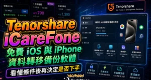 Tenorshare iCareFone 免費 iOS 與 iPhone 資料轉移備份軟體，提供一鍵照片匯出備份功能並可管理所有資料的 TechMoon 精選圖片，呈現Tenorshare相關介面、重點標題與科技感背景。