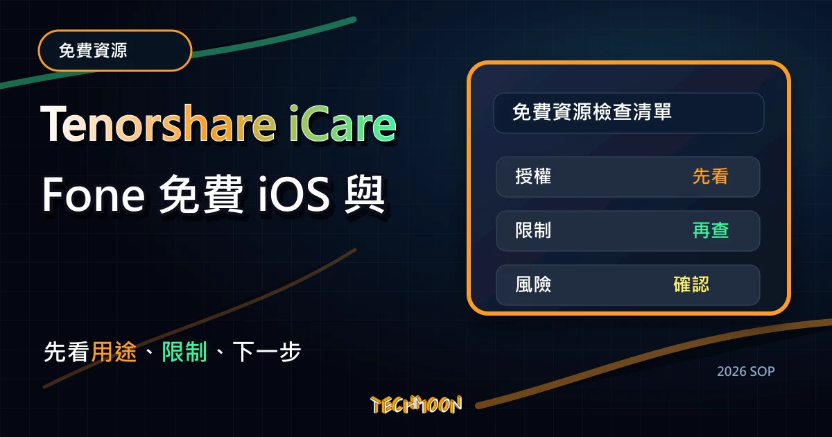 Tenorshare iCareFone 免費 iOS 與 iPhone 資料轉移備份軟體，提供一鍵照片匯出備份功能並可管理所有資料，TechMoon 2026 新版 SOP 精選圖片