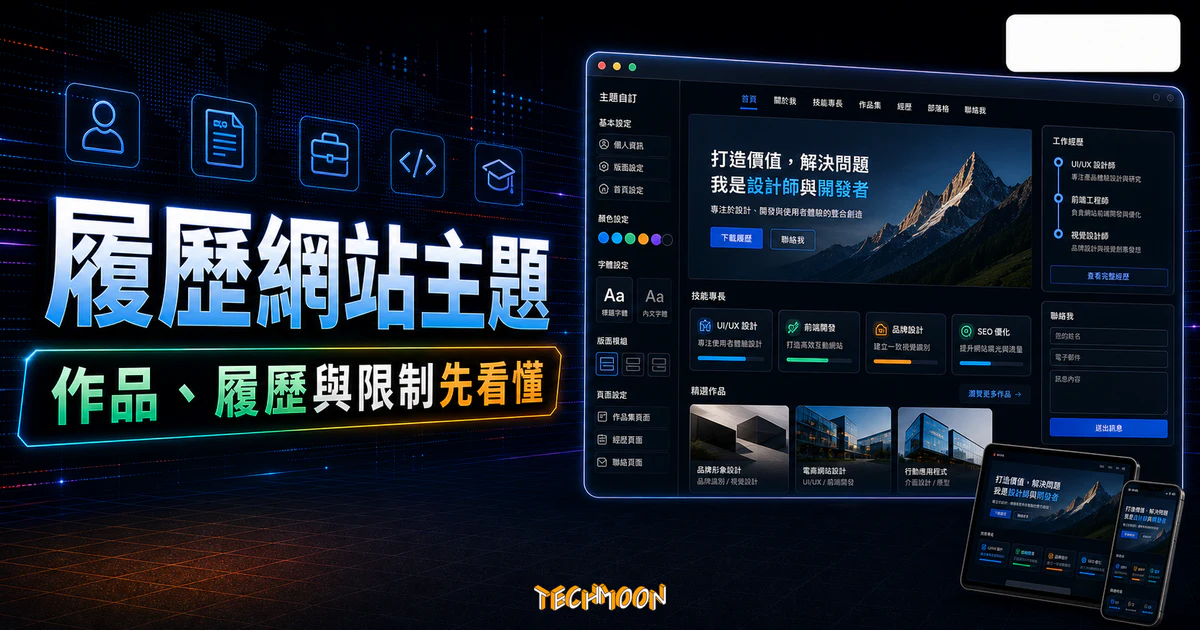 【WordPress 付費主題免費下載】Teoro - CV Resume WordPress Theme的 TechMoon 精選圖片，呈現Wordpress相關介面、重點標題與科技感背景。