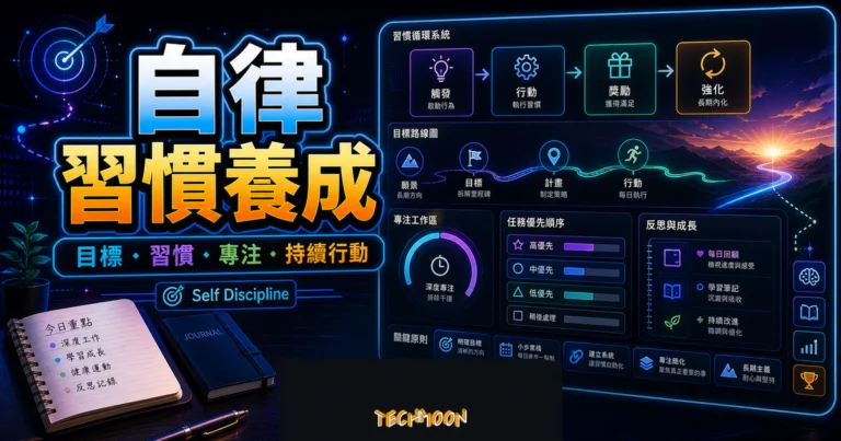 成功與自律的距離文章的 TechMoon 精選圖片，呈現目標、習慣、專注與持續行動的自我提升工作流。