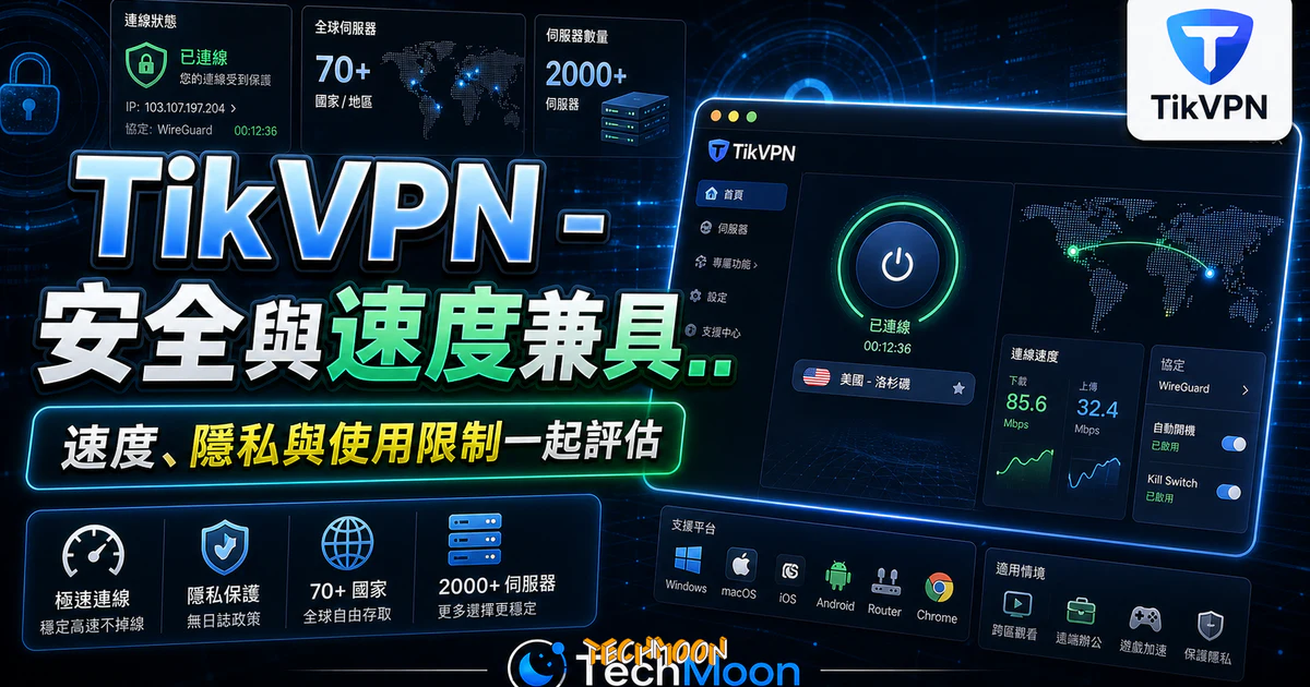 TikVPN - 安全與速度兼具的 VPN 服務,限時高達 120 天 VIP 免費序號,提供 70+ 國家與 2000+ 伺服器的 TechMoon 精選圖片,呈現TikVPN相關介面、重點標題與科技感背景。