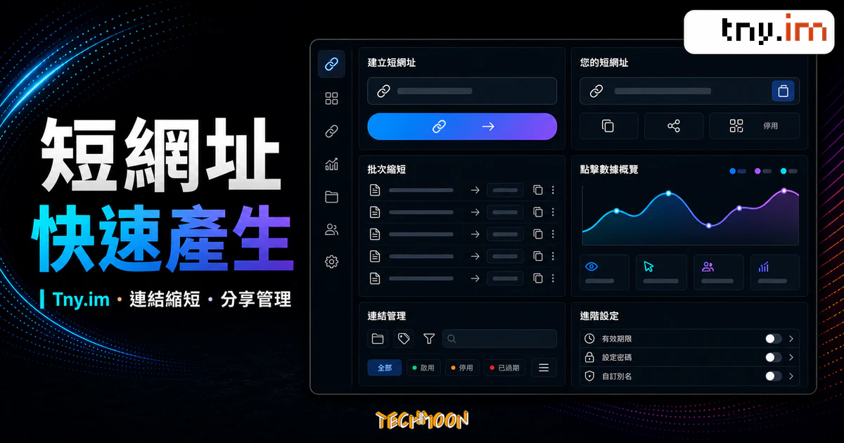 Tny.im 線上免費縮短網址服務:萬物皆可縮 1 Tny.im 短網址服務的 TechMoon 精選圖片,呈現連結縮短、批次管理與分享連結儀表板。