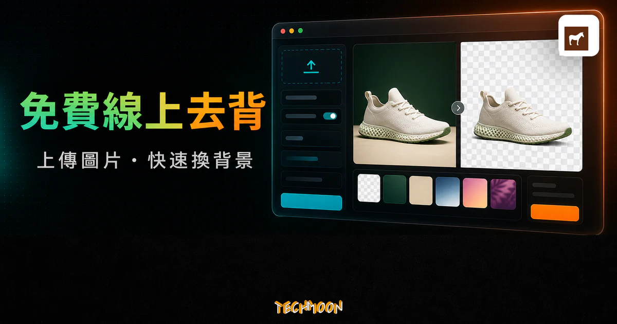 Trace 免費線上去背工具的 TechMoon 精選圖片，呈現上傳圖片、AI 去背、透明背景預覽、背景色票與匯出選項。