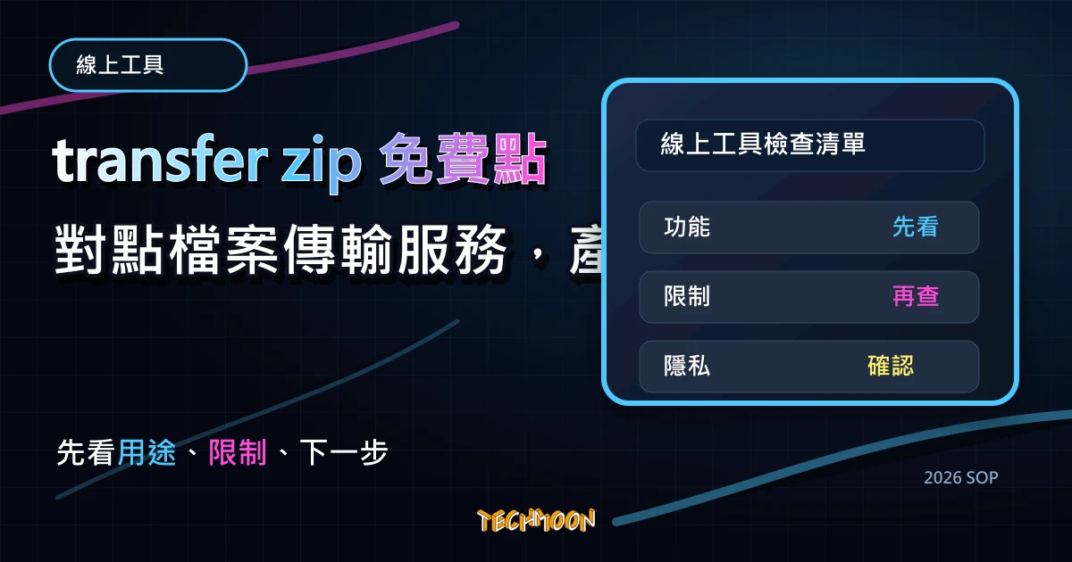 transfer zip 免費點對點檔案傳輸服務，產生 QR Code 與連結傳輸檔案並立即銷毀檔案保護資料安全，TechMoon 2026 新版 SOP 精選圖片