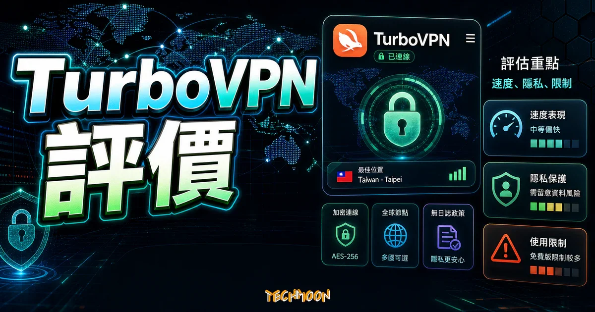 TurboVPN 評價：免費 VPN 真的安全嗎？完整功能解析、速度測試與隱私風險深度探討的精選圖片，畫面呈現TurboVPN 免費 VPN 評價、速度表現、隱私風險與使用限制。