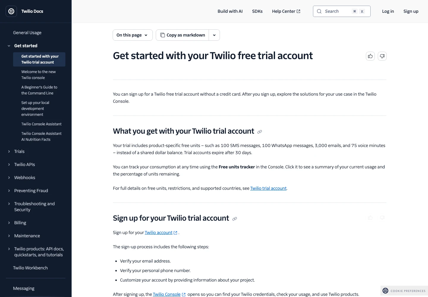 Twilio官方試用文件列出30天試用與各產品免費用量