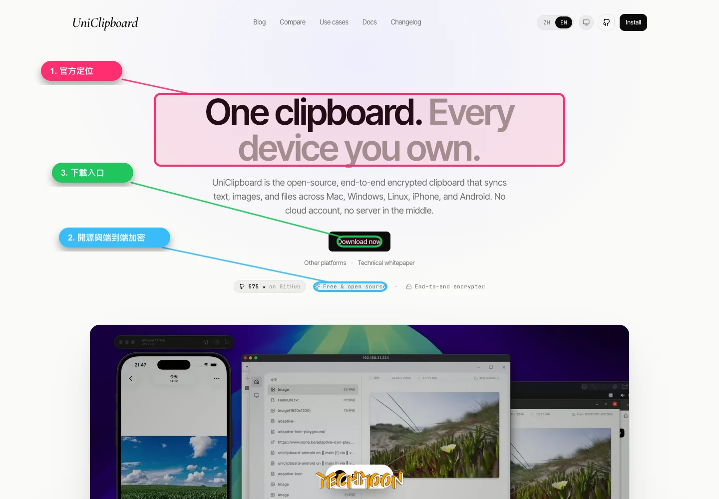 UniClipboard 開源跨裝置剪貼簿同步:桌面多機使用者該裝,手機需求先跳過 2 UniClipboard 官方首頁,標註跨裝置剪貼簿定位、開源端到端加密與下載入口