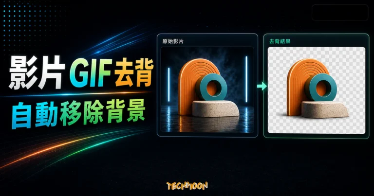 Unscreen - 免費線上影片去背工具，可自動移除 GIF 與影片格式的背景的 TechMoon 精選圖片，呈現Unscreen相關介面、重點標題與科技感背景。