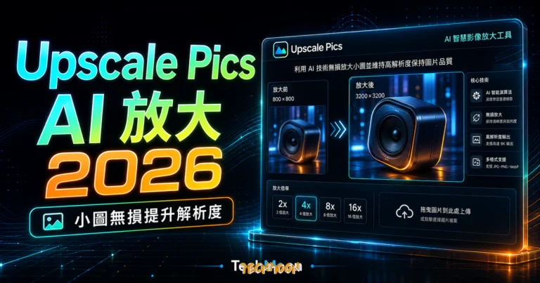 Upscale Pics - 免費線上小圖不失真放大工具，利用 AI 技術無損放大小圖並維持高解析度保持圖片品質的 TechMoon 精選圖片，呈現Upscale Pics相關介面、重點標題與科技感背景。