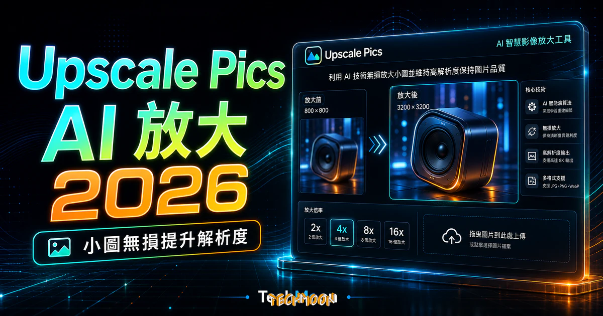 Upscale Pics - 免費線上小圖不失真放大工具,利用 AI 技術無損放大小圖並維持高解析度保持圖片品質的 TechMoon 精選圖片,呈現Upscale Pics相關介面、重點標題與科技感背景。
