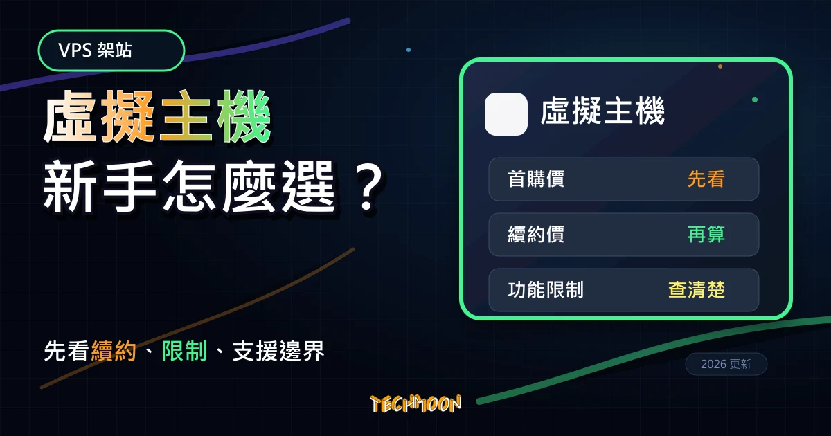 虛擬主機是什麼？2026 選擇共享主機、VPS 與管理型主機的判斷指南，TechMoon 深色霓虹 UI 風格精選圖片