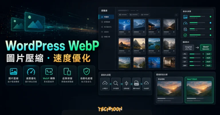 WordPress WebP 圖片自動顯示的 TechMoon 精選圖片，呈現圖片格式轉換、媒體優化與相容性檢查。