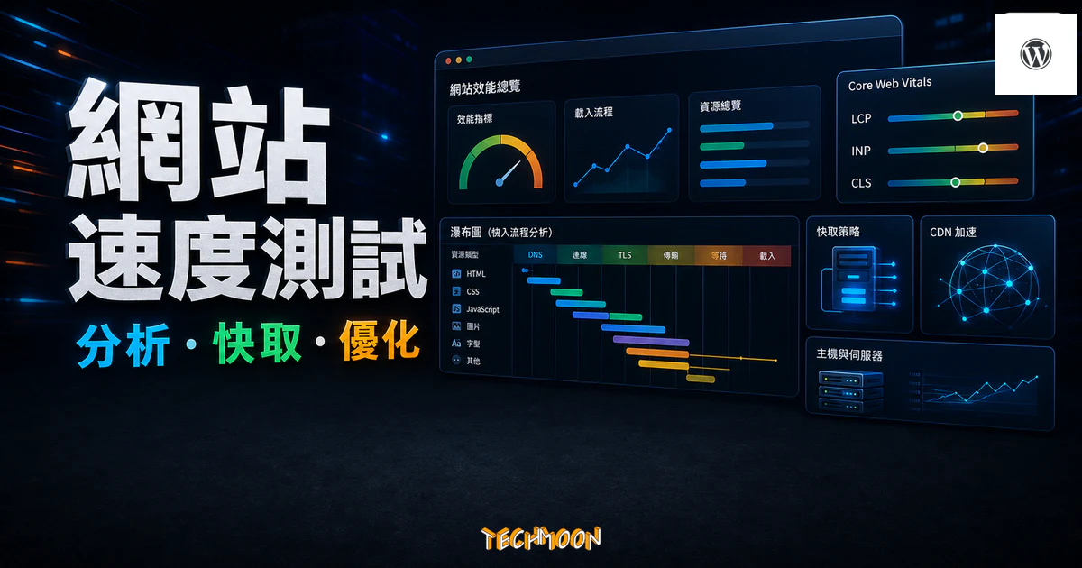 網站速度測試分析與優化指南的 TechMoon 精選圖片，呈現網站速度測試、分析・快取・優化與科技感介面。