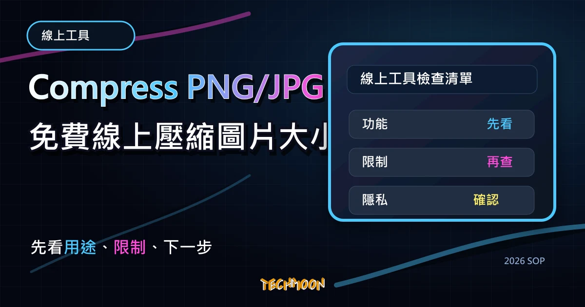 Compress PNG/JPG 免費線上壓縮圖片大小，減少 80% 容量又保留品質的最佳利器！，TechMoon 2026 新版 SOP 精選圖片