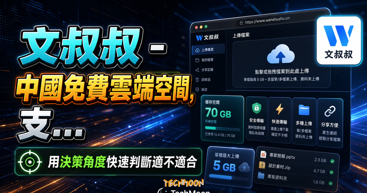 文叔叔 - 中國免費雲端空間,支援單/多檔上傳 5 GB 檔案,註冊後可免費擴增至 70 GB 雲端空間的 TechMoon 精選圖片,呈現article-specific tool or topic相關介面、重點標題與科技感背景。