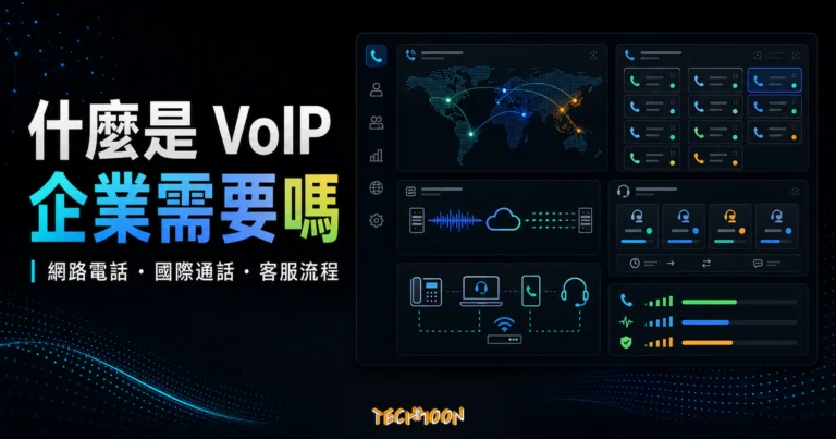 VoIP 網路電話概念的 TechMoon 精選圖片，呈現通話路由、客服流程、雲端封包與企業電話系統。
