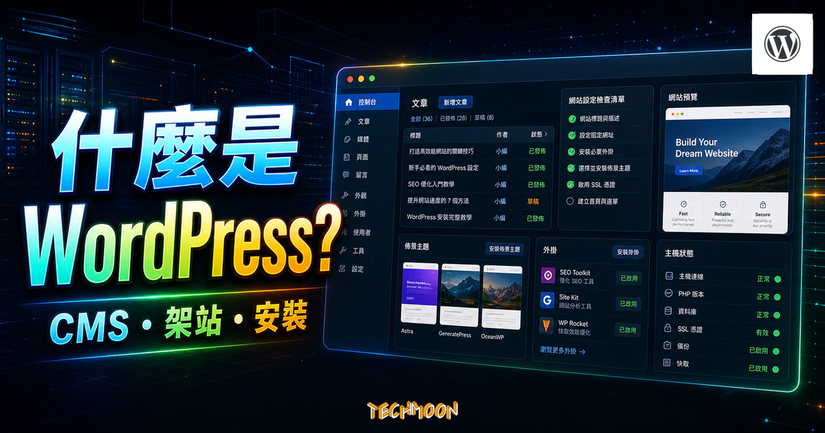 什麼是 WordPress？（完整介紹＋安裝技巧）的 TechMoon 精選圖片，呈現Wordpress相關介面、重點標題與科技感背景。