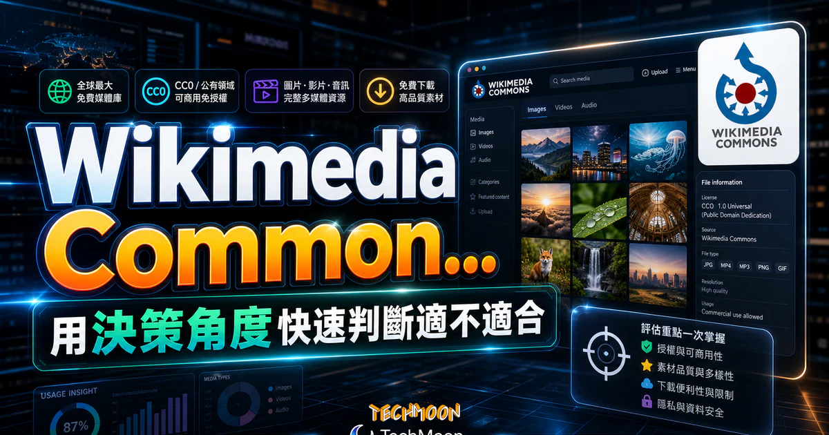 Wikimedia Commons 全球最大免費媒體共享平台，提供免費圖片、影片、音訊類別免版權下載的 TechMoon 精選圖片，呈現Wikimedia Commons相關介面、重點標題與科技感背景。