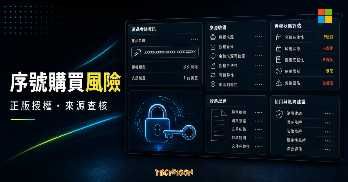便宜 Office 與 Windows 10 序號能不能買?2026 更新:購買前要了解的 2 件事的 TechMoon 精選圖片,呈現Office相關介面、重點標題與科技感背景。
