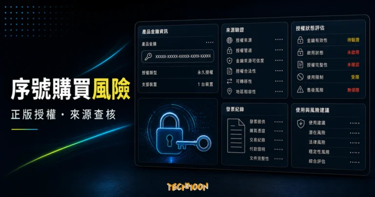 便宜 Office 2019 與 300 元的 Windows 10 序號能不能買？購買使用前要了解的 2 件事！的 TechMoon 精選圖片，呈現Office相關介面、重點標題與科技感背景。