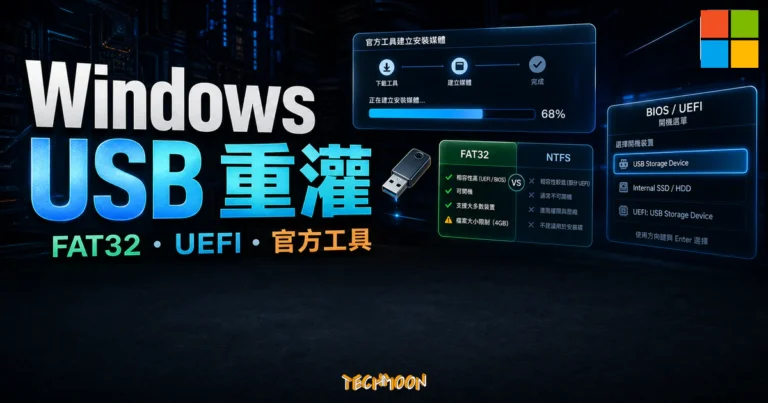 Windows10/11 USB 重灌教學 - 使用微軟官方工具安裝 FAT32 格式的 USB Windows10 重灌隨身碟,解決 BIOS 讀不到的問題 1 Windows10/11 USB 重灌教學 - 使用微軟官方工具安裝 FAT32 格式的 USB Windows10 重灌隨身碟,解決 BIOS 讀不到的問題的 TechMoon 精選圖片,呈現Windows USB 重灌、FAT32・UEFI・官方工具與科技感介面。