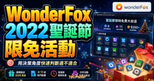 WonderFox 2022 聖誕節限免活動，總價 $550 美金共 11 熱門軟體限時免費下載，還有分享好禮大放送的 TechMoon 精選圖片，呈現WonderFox相關介面、重點標題與科技感背景。