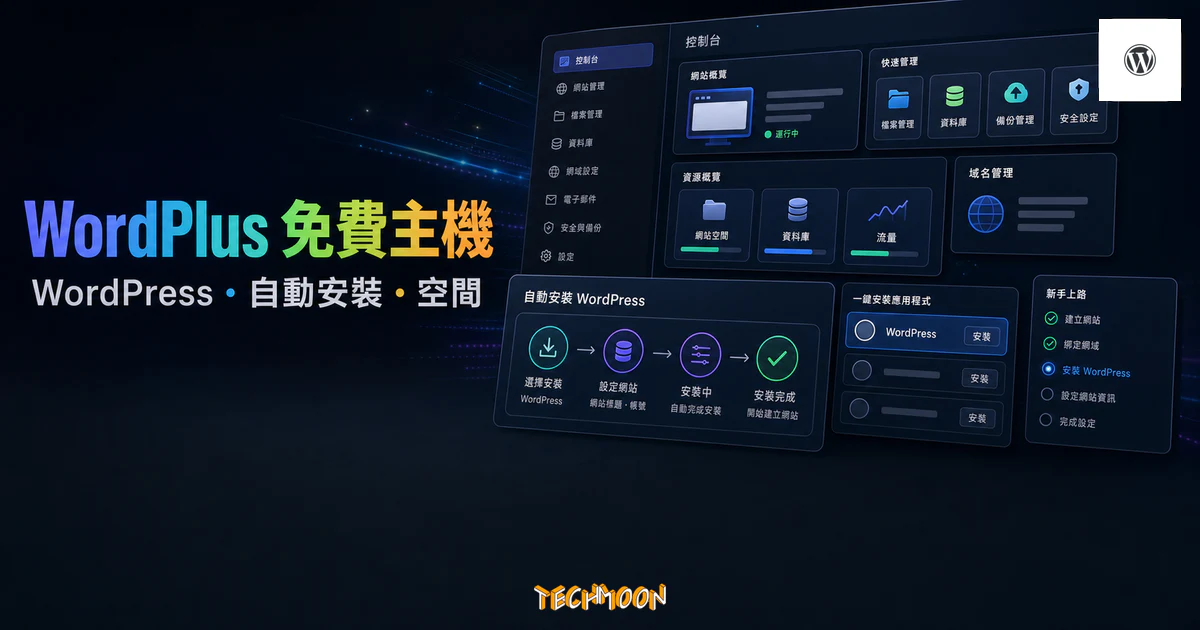 WordPlus.host 免費 WordPress 主機文章的 TechMoon 精選圖片，呈現 WordPress 自動安裝、主機空間與網站開通流程。