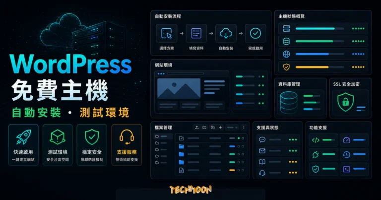 WordPlus.host 免費 WordPress 主機文章的 TechMoon 精選圖片，呈現 WordPress 自動安裝、主機空間與網站開通流程。