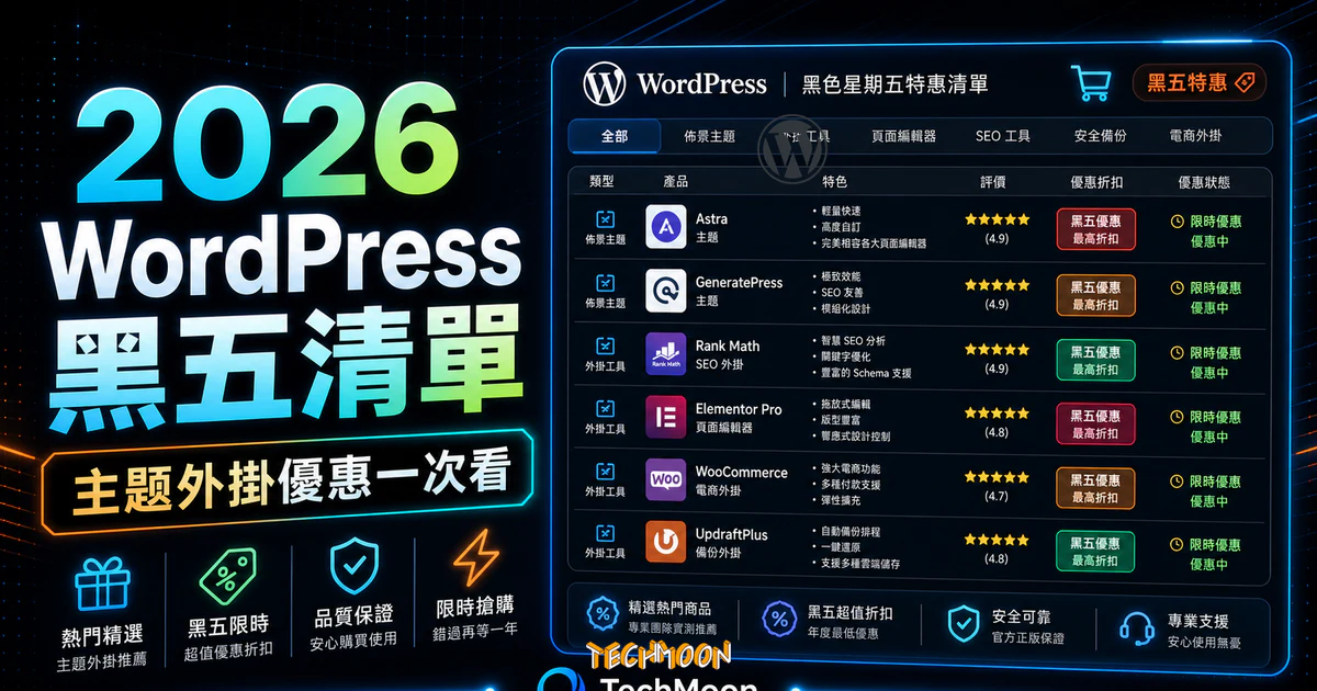 WordPress Black Friday List - 熱門推薦 WordPress 佈景主題與 WordPress 外掛黑色星期五特惠清單！的 TechMoon 精選圖片，呈現Wordpress相關介面、重點標題與科技感背景。